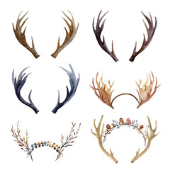 A watercolor reindeer antlers headband set painting illustration isolated on a white background, reindeer antlers headband collection illustration, EPS format design