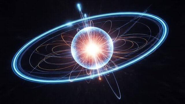 Dynamic visualization of a subatomic particle, illustrating powerful energy forces and the intricate structure of matter in a vibrant scientific concept