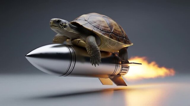 A terrestrial turtle defies expectations, soaring on a powerful rocket with fiery exhaust, symbolizing unexpected acceleration, swift progress, and ambitious journeys