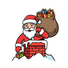 Cartoon illustration of Santa Claus delivering Christmas gifts down a snowy chimney at night.