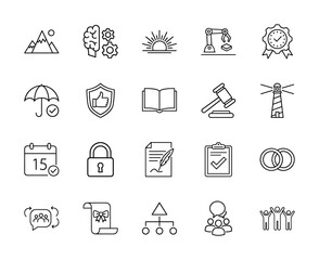 General concept line icon set. Vector pictograms of brain, robot, quality, umbrella, gavel, document, padlock, calendar, and teamwork, thin linear illustration.