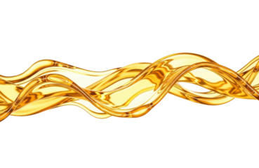 A mesmerizing wave of golden liquid, possibly oil or honey, flowing and twisting in elegant curves against a stark transparent background, highlighting its glossy texture and vibrant hue