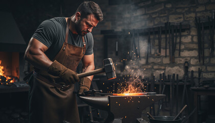 Blacksmith hammering metal at forge with sparks flying  