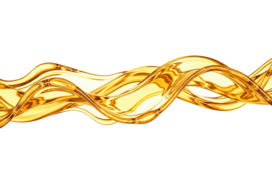 A mesmerizing wave of golden liquid, possibly oil or honey, flowing and twisting in elegant curves against a stark transparent background, highlighting its glossy texture and vibrant hue