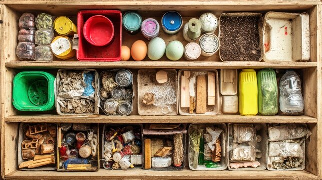 Organized wooden box with various small containers holding eggs, soil, seeds, and miscellaneous natural and craft materials, showing neat and creative storage system