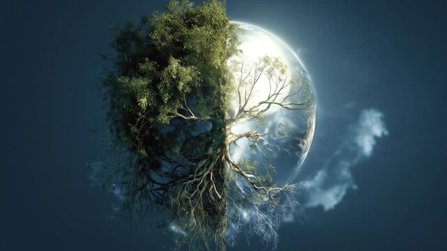 Conceptual digital art of a vibrant tree intertwined with a planet, symbolizing life, growth, nature, and environmental balance.