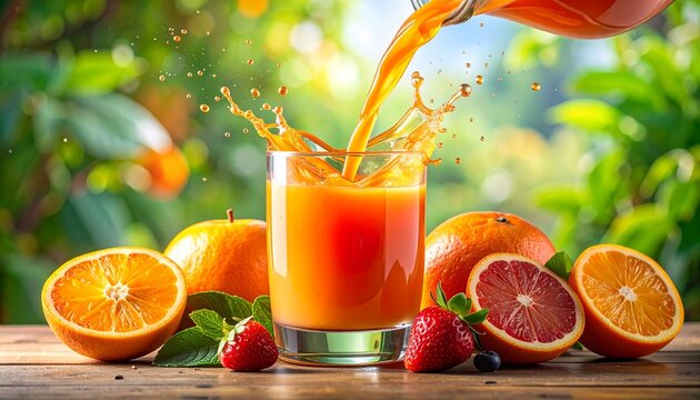 Fresh orange juice splash with assorted citrus fruits outdoors