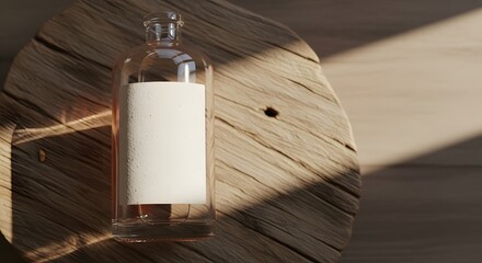 A clear glass bottle filled with a creamy liquid resting on a rustic wooden table in natural light.