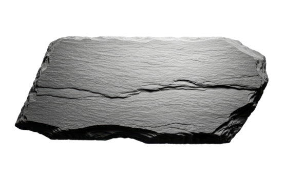 A rough, dark gray slate rock with a textured surface, isolated on a transparent background, showcasing its natural geological formation and rugged edges