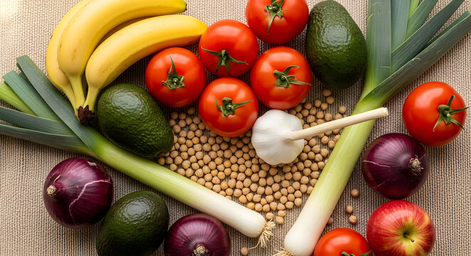 Assortment of fresh fruits and vegetables arranged on a textured surface