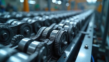 Industrial conveyor belt shows many metal gears, strong drive chains. Factory equipment automates modern manufacturing production line process in workshop. Machine components move continuously,