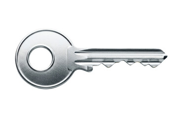 A single, silver metal key with a circular head and a serrated bit, isolated on a transparent background, symbolizing access or solutions