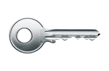A single, silver metal key with a circular head and a serrated bit, isolated on a transparent background, symbolizing access or solutions