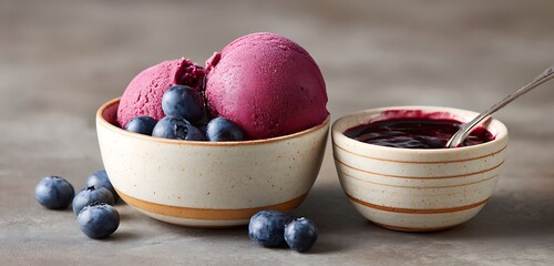 Blueberry cheesecake ice cream served in a small ceramic bowl with blueberry compote