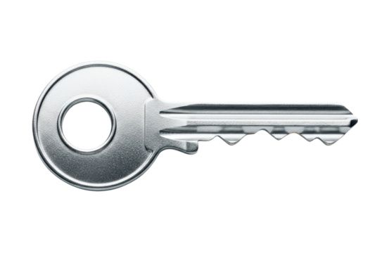 A single, silver metal key with a circular head and a serrated bit, isolated on a transparent background, symbolizing access or solutions
