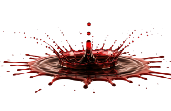 A dramatic crown splash of red liquid, resembling wine or ink, frozen in time as it erupts from a central impact point on a transparent background, illustrating fluid physics