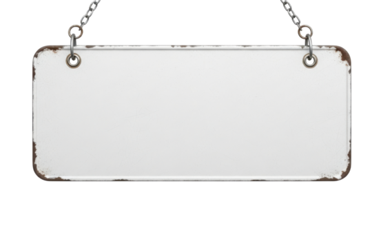 Blank white rectangular sign hanging from chains