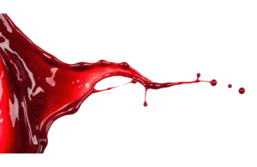 A dynamic splash of vibrant red liquid, possibly paint or ink, captured midair in a dramatic, abstract explosion against a clean transparent background, showcasing fluid motion and energetic droplets