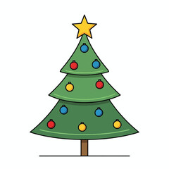 A simple cartoon illustration of a green Christmas tree decorated with colorful ornaments and a yellow star on top.