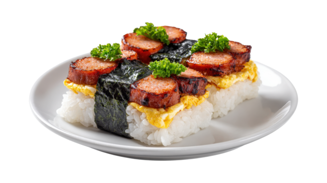 Spam musubi with scrambled egg isolated on a transparent background