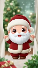 Obraz premium Cute anime Santa Claus character with a joyful expression, wearing a traditional red suit and white beard, standing in front of a festive Christmas tree, spreading holiday cheer
