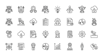 A collection of icons depicting various concepts related to artificial intelligence, automation, data analysis, and business strategy