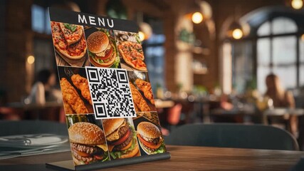 A restaurant table display featuring a MENU sign with a central QR code surrounded by photos of burgers, pizza, and fried chicken in a warm, inviting dining space.