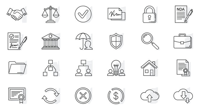 Collection of business and legal icons handshake, scales, checkmark, signature, lock, nda, contract, bank, umbrella, shield, magnifier, briefcase