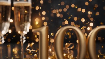A festive celebration scene with two champagne glasses and large golden “100” numbers surrounded by sparkling confetti and warm bokeh lights. - Powered by Adobe