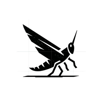 Stylized black grasshopper or locust silhouette graphic design on white background. Minimalist insect icon illustration.