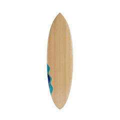Wooden Surfboard With Blue Wave Design Isolated On Black Background Studio Shot Top View Detailed Texture Natural Material Beach Equipment