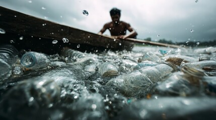 Plastic pollution in water with person in boat collecting plastic bottles, highlighting environmental contamination and urgent need for plastic reduction efforts