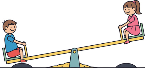 Happy children playing together on a seesaw at the playground, boy and girl balancing on the teeter-totter for fun and cooperation.