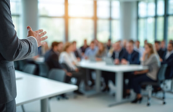 Man in suit addresses audience at tables in modern conference hall. Attendees listen attentively, some with laptops open, during business meeting or training session in bright room.