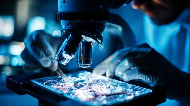 Scientist analyzing microplastic particles under microscope in laboratory with gloved hands and focused attention on research for environmental study