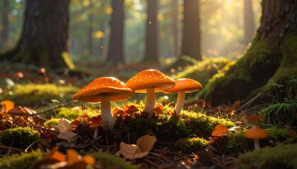 Enchanting Mushrooms in a Mystical Forest Landscape Bathed in Soft Golden Sunlight