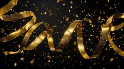 Golden Ribbon with Glittering Bokeh Confetti on Dark Luxury Background