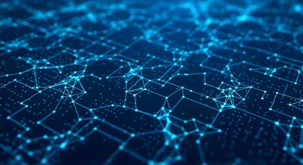A blue abstract network of interconnected nodes and lines on a dark blue gradient background