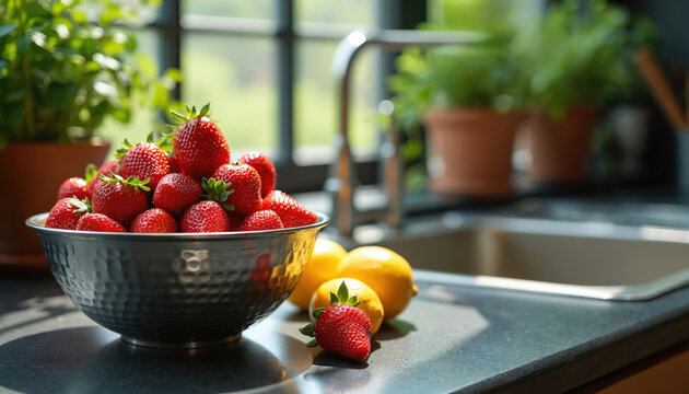 Bowl full of fresh strawberries and ripe lemons sits on kitchen counter near potted plants and sink. Natural light streams in from window, illuminating fresh produce ready for cooking.