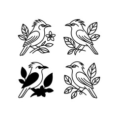 Obraz premium Four stylized bird illustrations with leafy branches