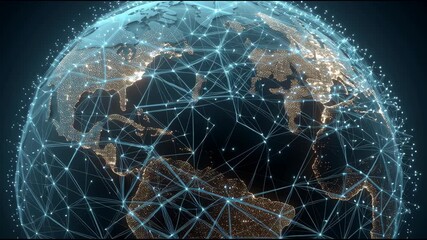 A futuristic digital globe with global connections, data networks, and glowing technology interfaces. Perfect for themes of cybersecurity, global communication, AI, big data, and modern innovation. - Powered by Adobe