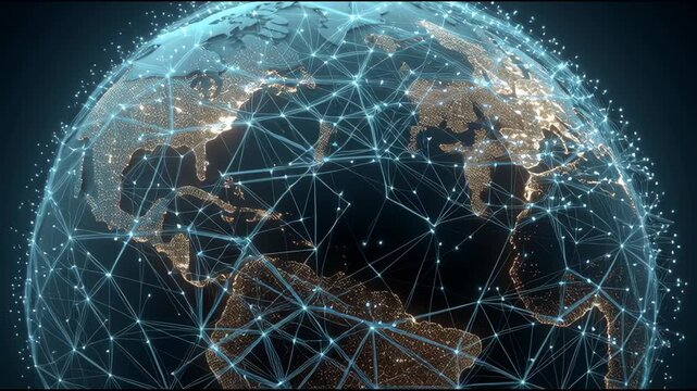 A futuristic digital globe with global connections, data networks, and glowing technology interfaces. Perfect for themes of cybersecurity, global communication, AI, big data, and modern innovation. - Powered by Adobe