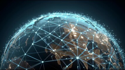 A futuristic digital globe with global connections, data networks, and glowing technology interfaces. Perfect for themes of cybersecurity, global communication, AI, big data, and modern innovation. - Powered by Adobe