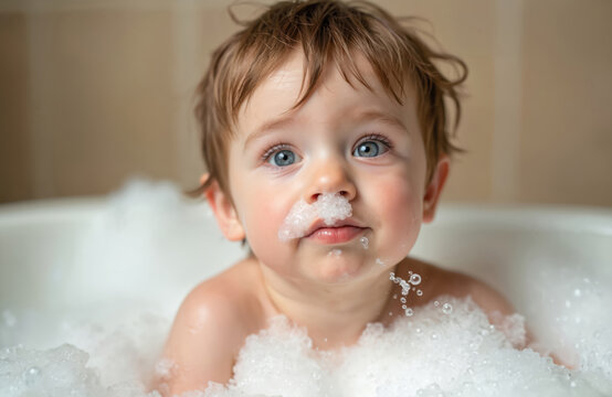 Cute toddler boy enjoys bubble bath. Happy child plays with white foam in bathtub. Kid washes, splashes water, laughs. Funny baby covered in soap bubbles with foam on nose, looks joyful, carefree. - Powered by Adobe
