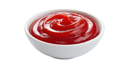 White bowl of red ketchup isolated on a transparent background