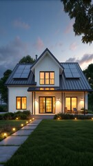 Naklejka premium Modern Cozy House With Solar Panels And Warm Evening Lights Creating Sustainable Home Energy And Peaceful Ambience