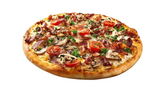Whole pizza with bacon mushrooms and tomatoes isolated on a transparent background