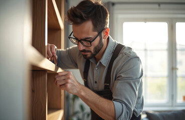 Fototapeta premium Man with glasses building wooden bookcase indoors. He uses tool, works with shelf boards. Home renovation DIY project, interior decor assembly.