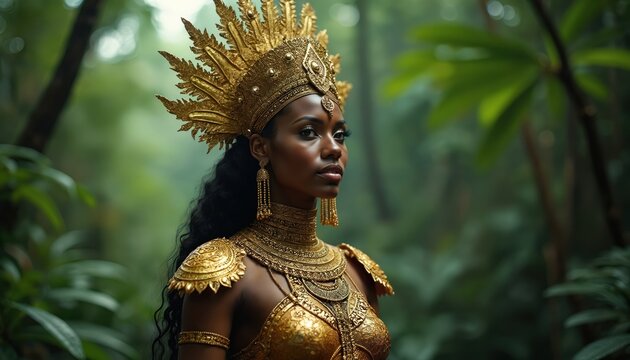 Illustration features a woman adorned in gold jewelry and headwear. She poses amidst rich green foliage with a confident expression. The image evokes themes of spirituality and cultural heritage.