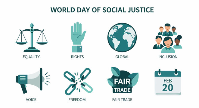 Graphic display for World Day of Social Justice featuring icons for equality rights and inclusion